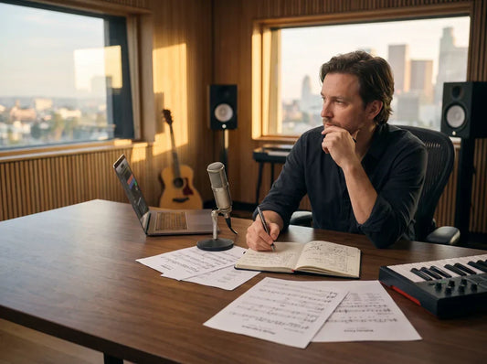 Professional songwriter writing lyrics in a modern recording studio for a custom songwriting project