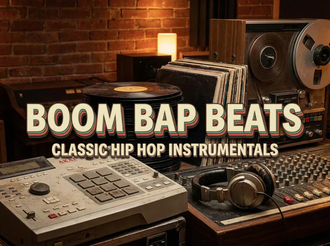 Classic boom bap music production setup featuring a vintage drum machine, vinyl records, mixing console, tape machine, and studio headphones representing the roots of hip hop beat making.