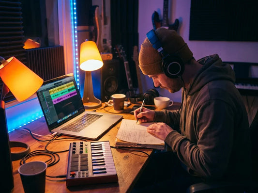 Songwriter writing lyrics in a home studio while listening to beats for a new song