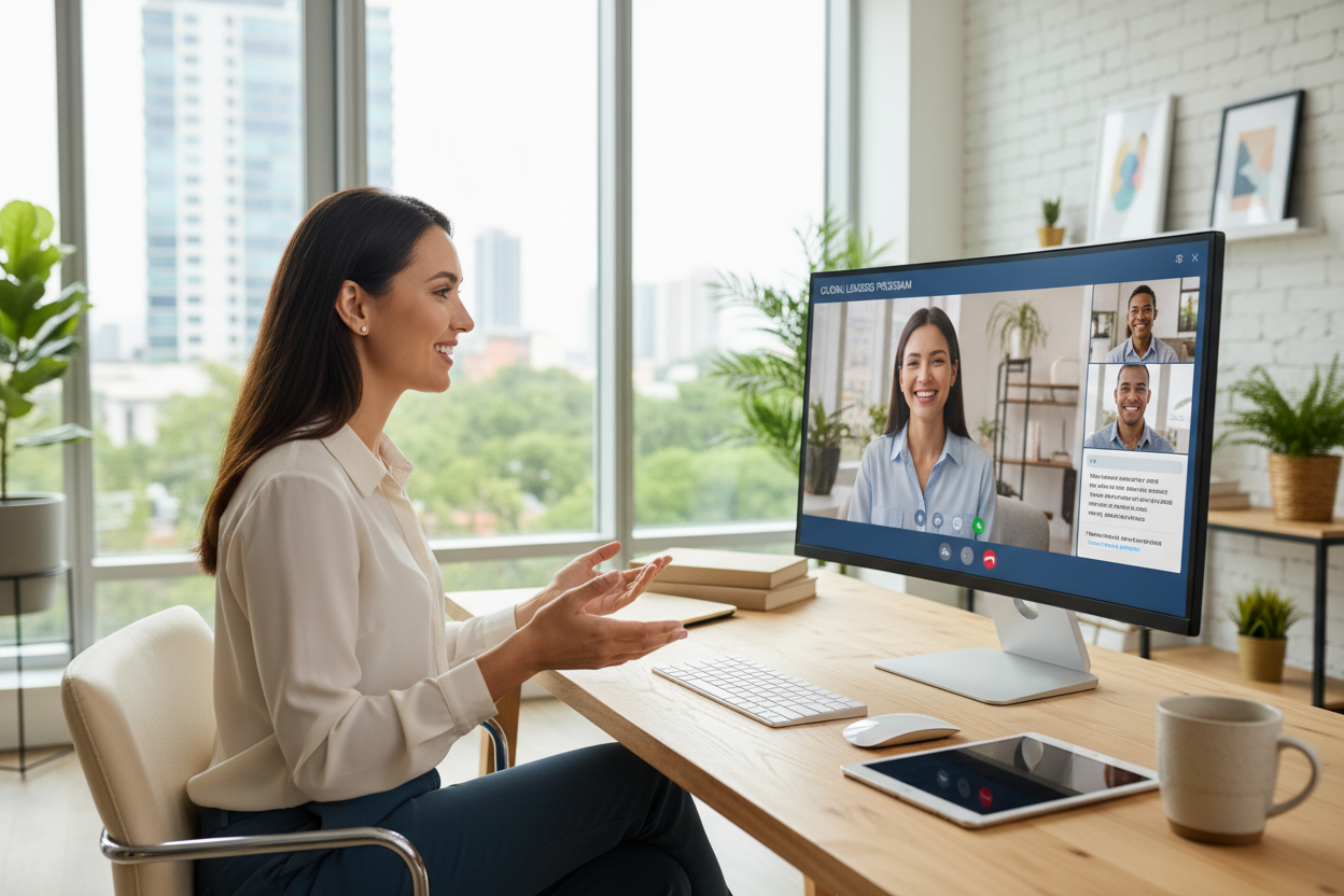 Online Coach with Zoom type screen work at home computer desk