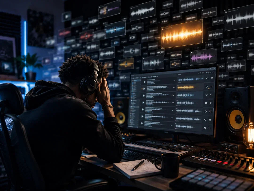 Frustrated music artist searching through dozens of beats in a home recording studio to find one that fits his style.