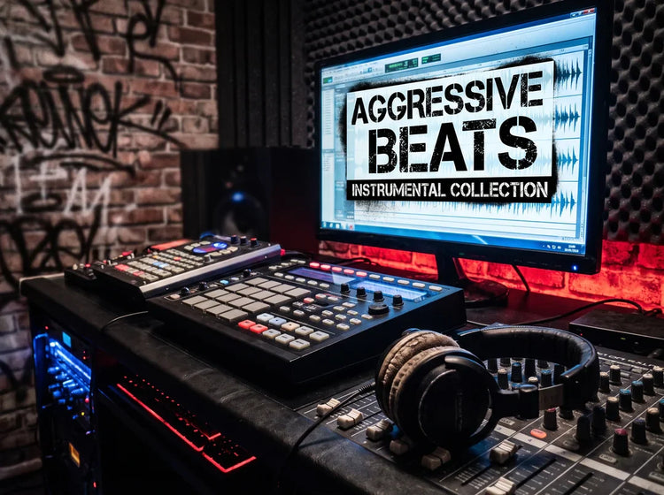 Music producer creating aggressive rap beats with powerful drums, heavy bass, and dark studio production.