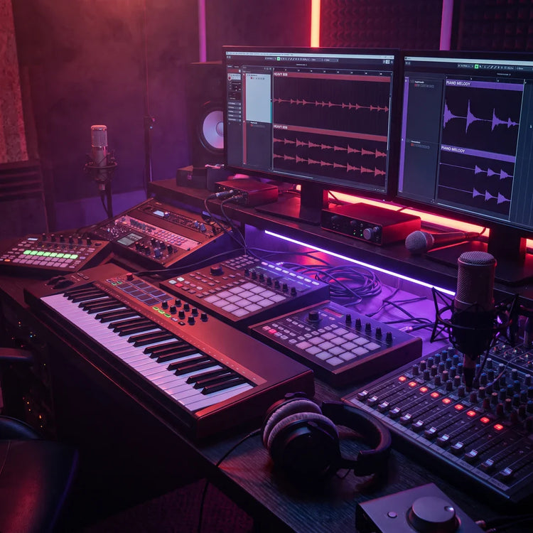 Music producer creating dark trap beats with haunting melodies, heavy 808s, and cinematic studio production.
