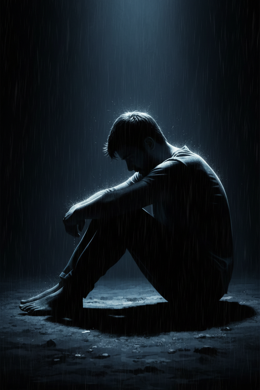 sad person sitting on the floor surrounded by dark emotional lighting representing emotional rap beats and melodic instrumentals