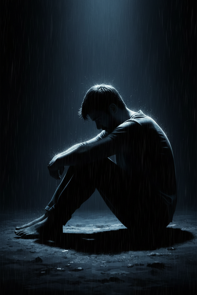 sad person sitting on the floor surrounded by dark emotional lighting representing emotional rap beats and melodic instrumentals