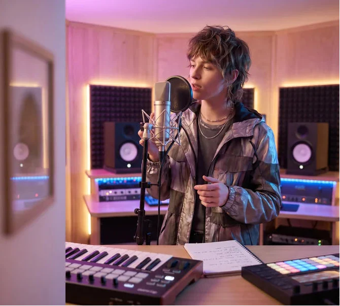 Pop beats collection banner featuring a modern pop singer recording vocals in a professional studio surrounded by songwriting and music production equipment.
