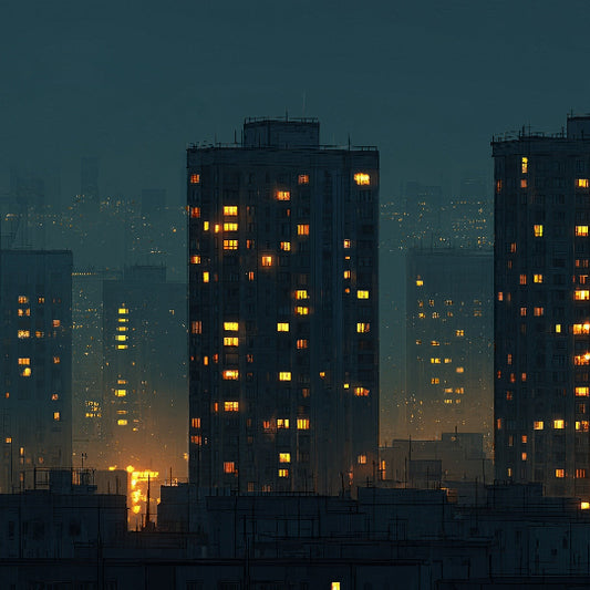 Cityscape at night with illuminated high-rise buildings.