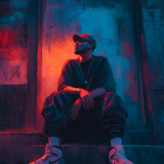 Person sitting against a wall with neon lighting in a dark room