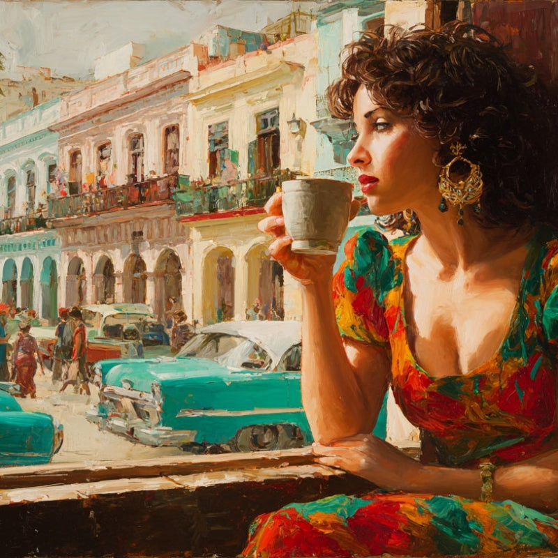 Woman in colorful dress holding a cup, with a city street scene in the background