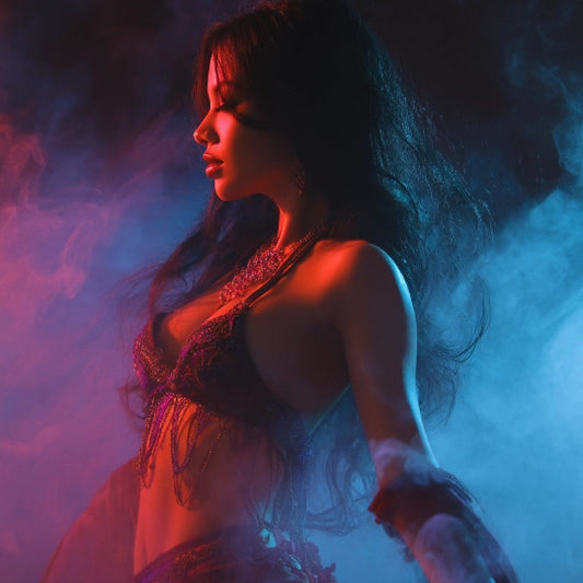 Woman in a fantasy costume surrounded by colorful smoke