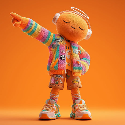 Colorful character with a rainbow jacket and headphones on an orange background