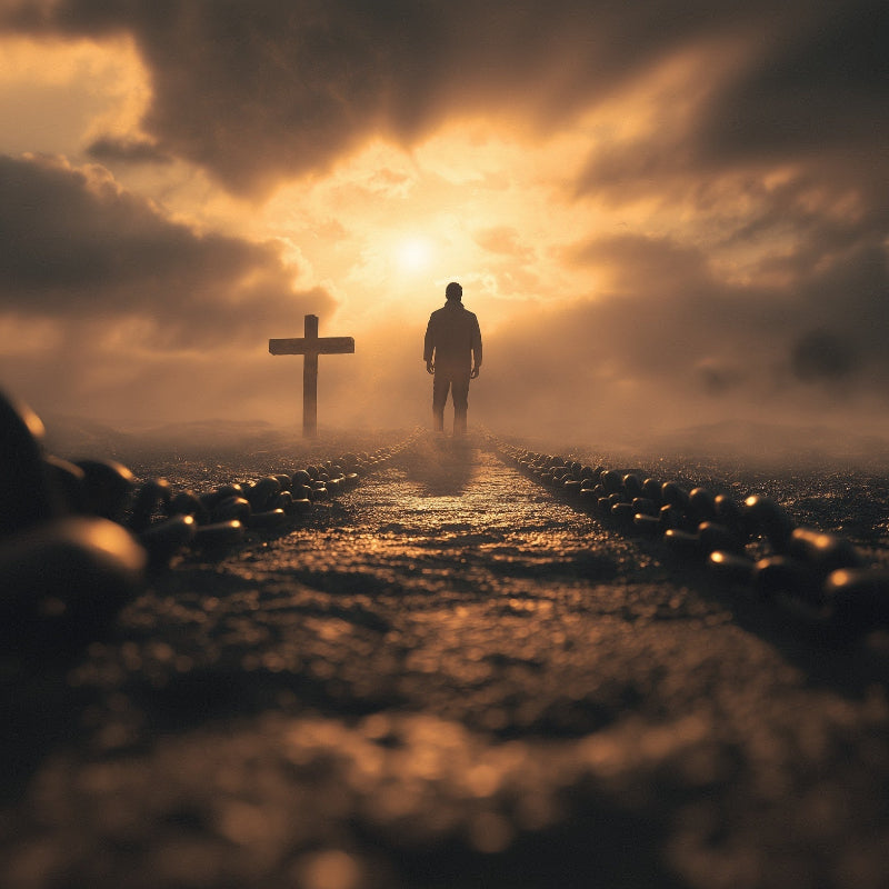 Person walking towards a cross on a foggy path with a bright light in the distance.