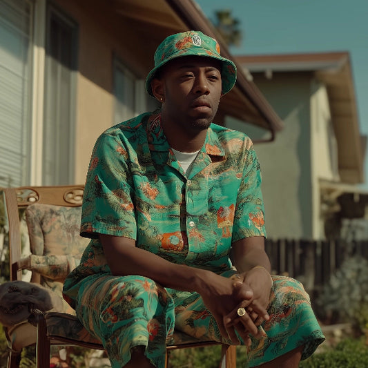Man in a colorful outfit sitting on a chair outdoors.