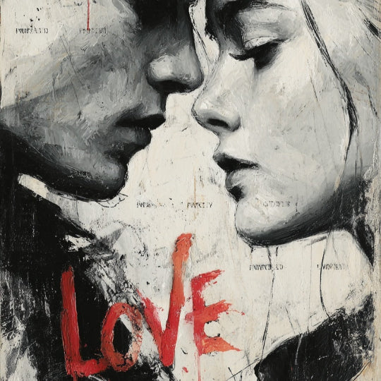 Artistic depiction of a couple with the word 'LOVE' in red.