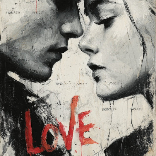 Artistic depiction of a couple with the word 'LOVE' in red.