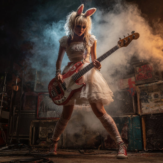 Person in bunny costume playing bass guitar on a stage with smoke and equipment in the background