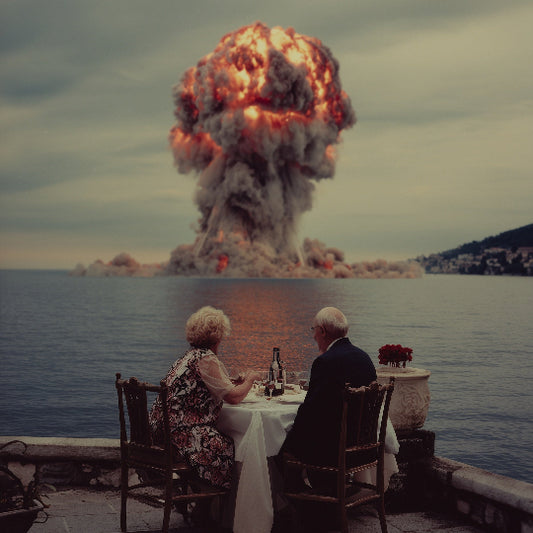 Two people dining by a body of water with a large explosion in the background