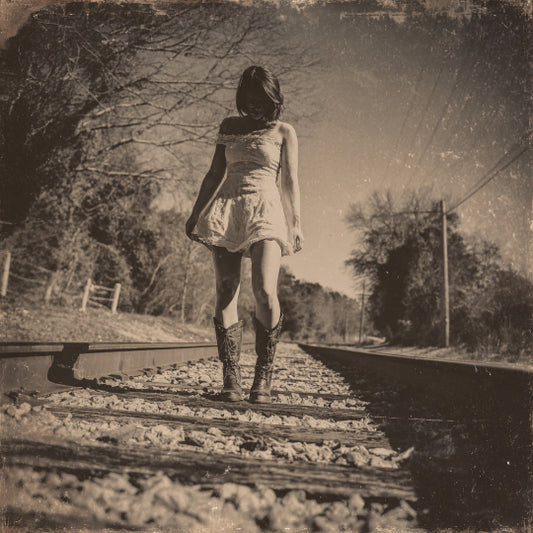Woman standing on train tracks in a sepia-toned photograph