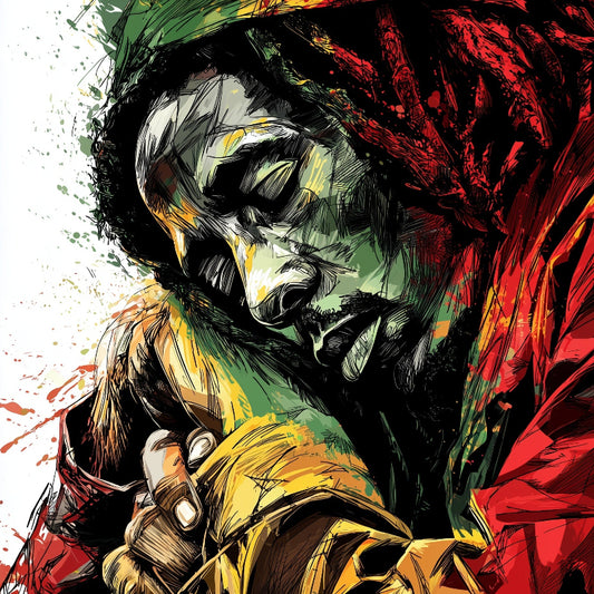 Artistic depiction of a person with a colorful headscarf and jacket, using a limited color palette.