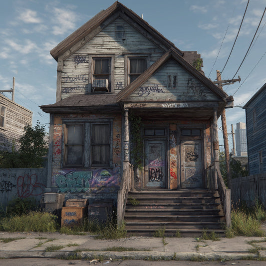Abandoned house with graffiti on a city street