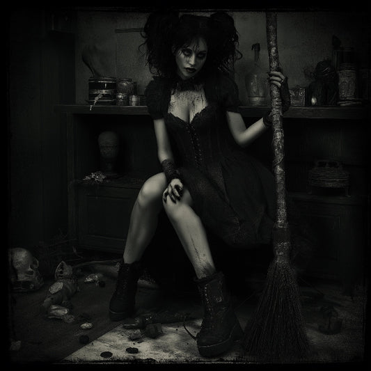 Person in dark attire holding a broomstick in a dimly lit room with shelves and various objects.