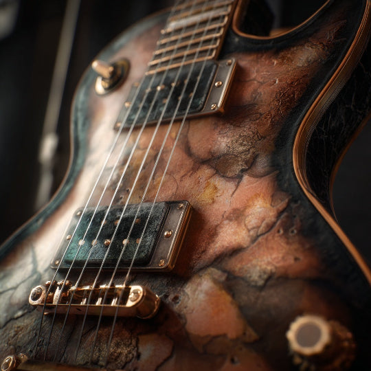 Close-up of a marbled patterned electric guitar with visible wood grain.