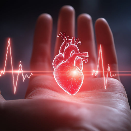Hand holding a glowing heart with ECG lines on a dark background