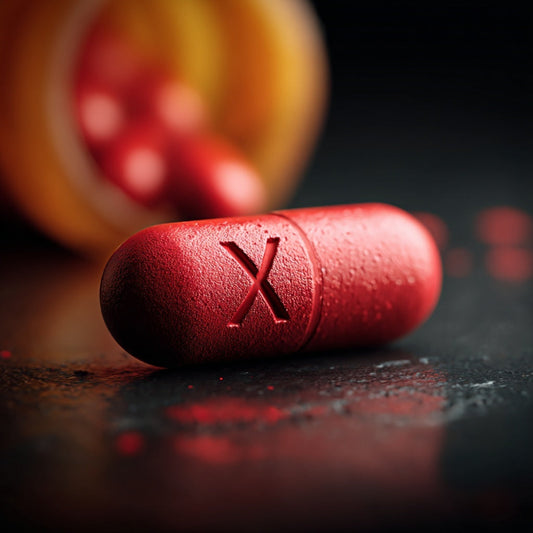 Red capsule pill with a cross symbol on a dark surface
