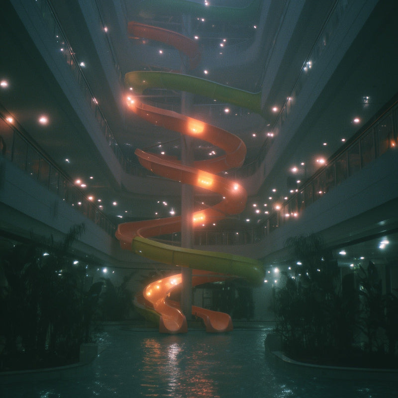 Indoor water slide with colorful slides and lights in a dark setting