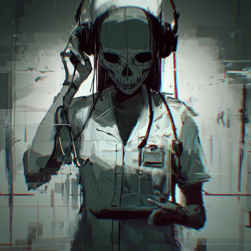 Skull wearing a nurse's uniform with headphones and stethoscope in a dark, blurred background