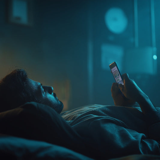 Person lying down in a dimly lit room using a smartphone.