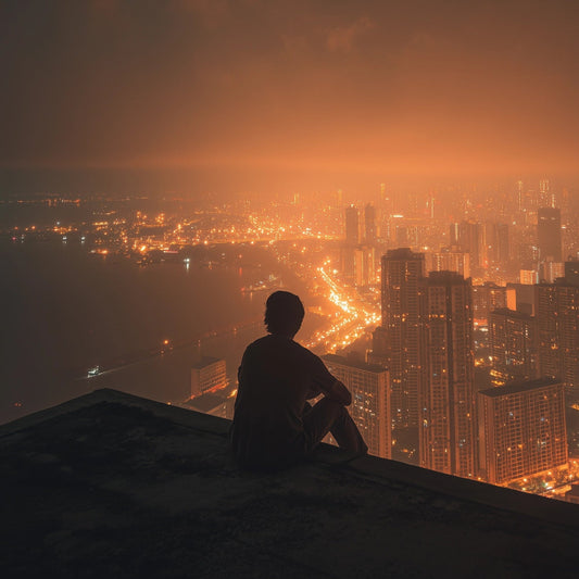 Person sitting on a ledge overlooking a cityscape at night with warm lights.