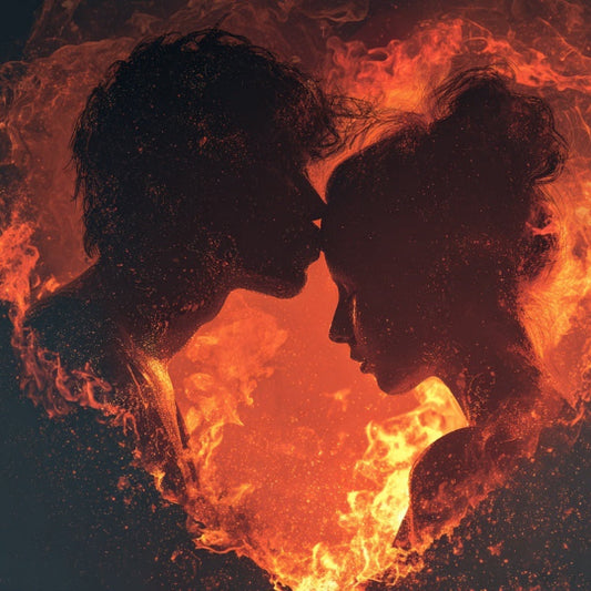 Two silhouetted figures embracing with a heart-shaped flame in the foreground against a dark background