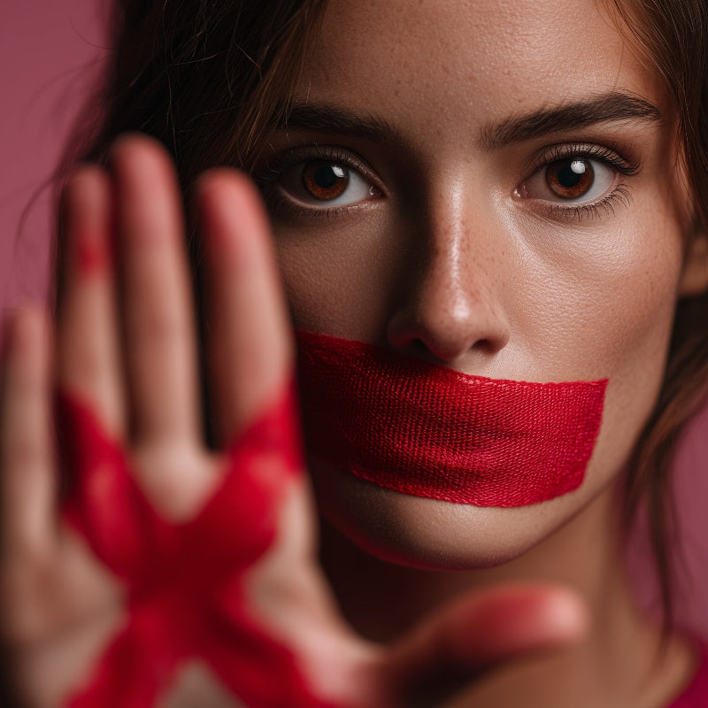 Woman with red tape over her mouth and hand, symbolizing silence or protest.