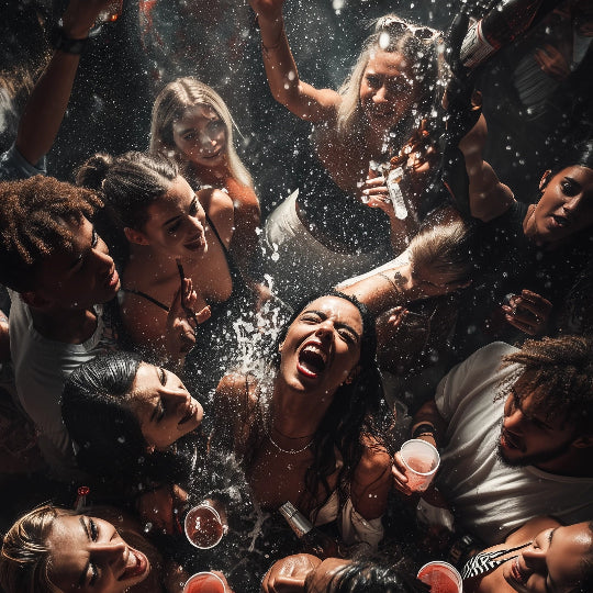 Group of people celebrating with drinks in a dark setting