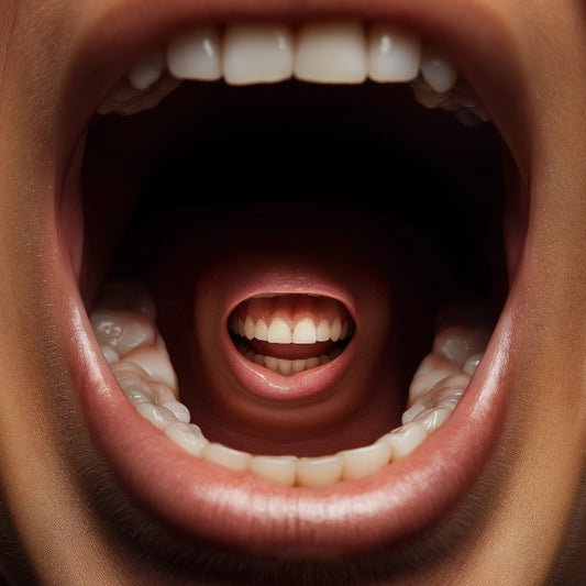 Close-up of a person's open mouth with a dark background