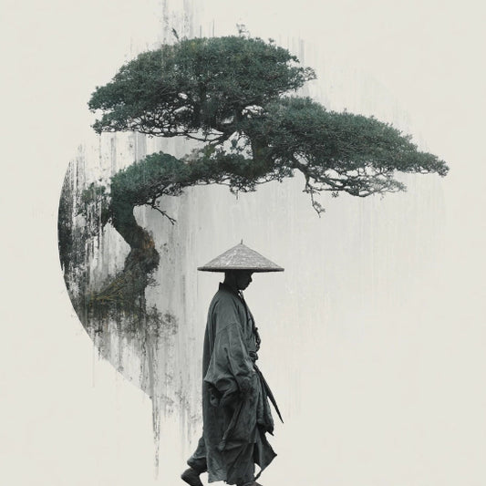 Silhouette of a person with a hat walking next to a tree, with a minimalistic background.