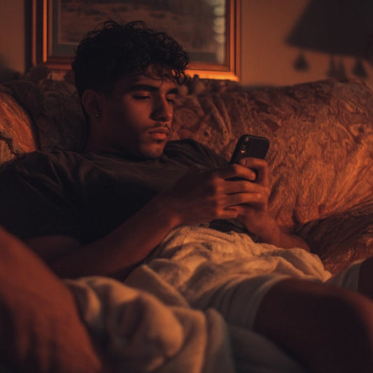 Person lying on a couch using a phone in a dimly lit room