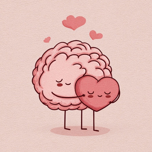 Cartoon brain holding a heart with a pink background