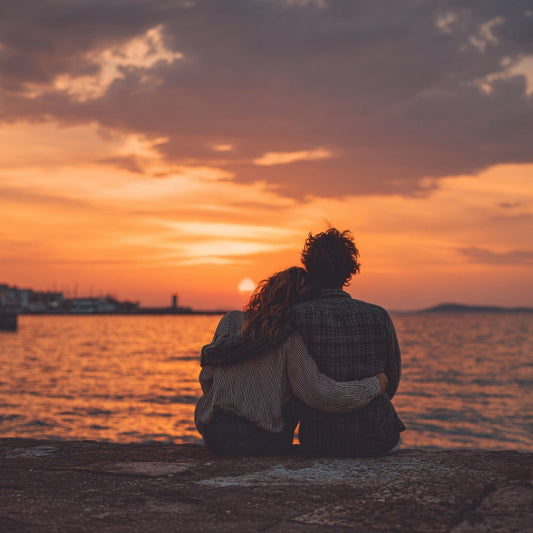 Two people sitting together on a rocky shore at sunset.