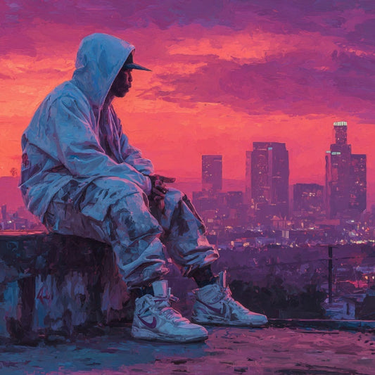 Person sitting on a ledge overlooking a cityscape at sunset with a pink and purple sky.