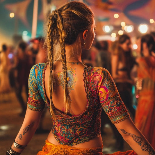 Woman in colorful traditional outfit at a festival with blurred crowd and lights in the background