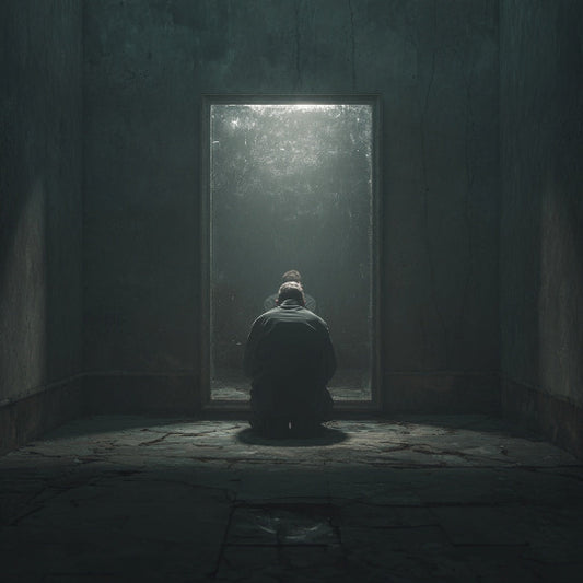 Person sitting in a dark room facing a glowing door