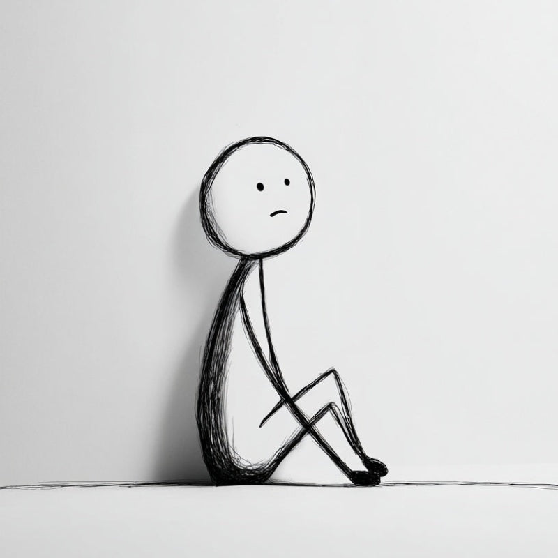 Black stick figure sitting on white background with head down and simple sad face, minimalist line drawing