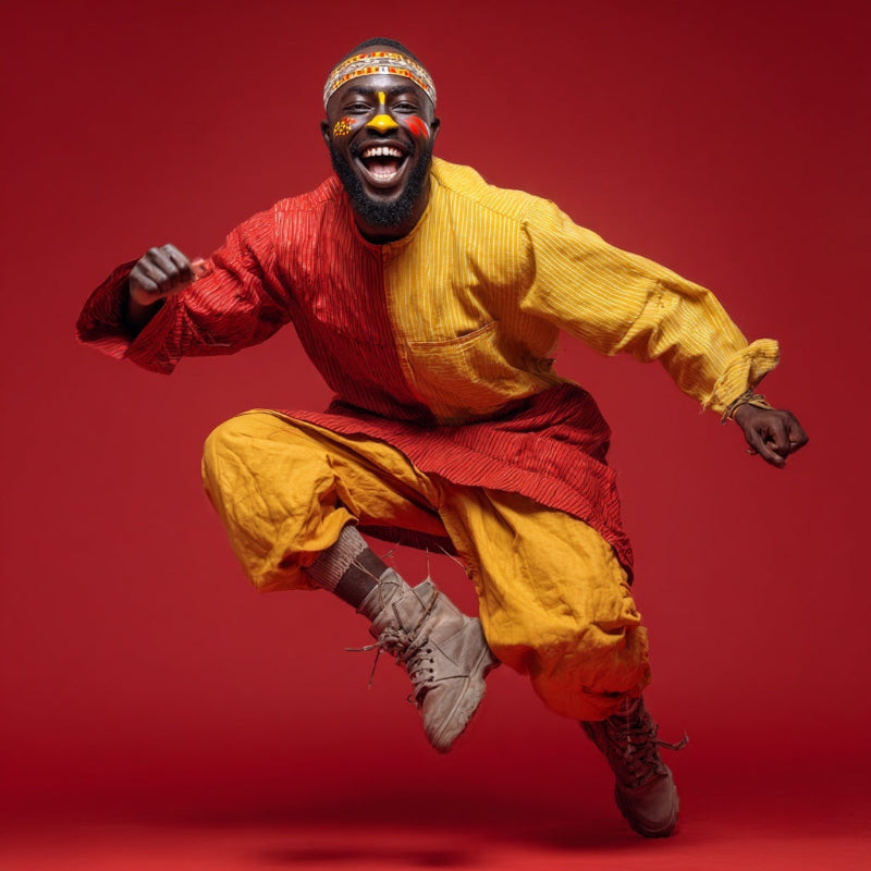 Looks Easy - A joyful african man smiling and dancing, wearing a modest yellow and red urban cultural outfit