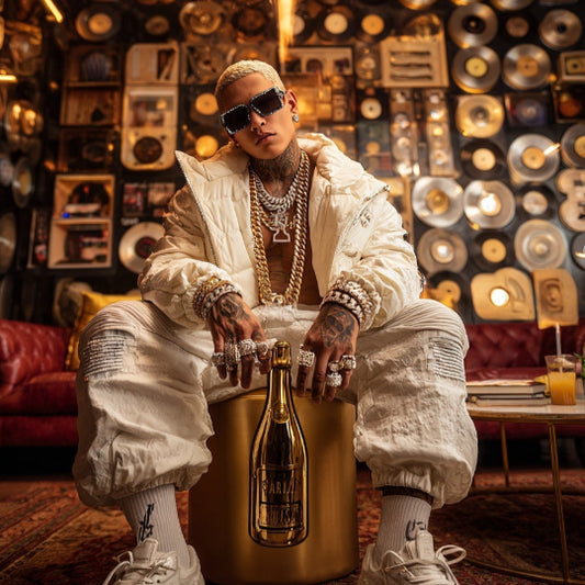 Person in a stylish outfit with a bottle of champagne in a decorated room with lights and decor.