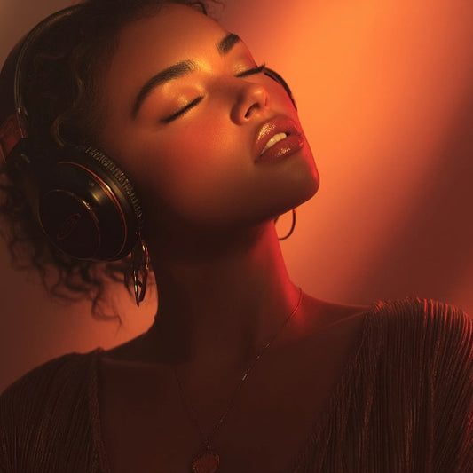 Woman wearing large headphones with a warm, orange glow