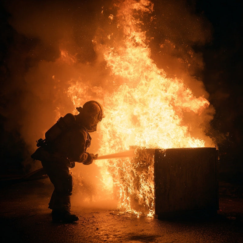 Person in protective gear using a hose to extinguish a large fire.