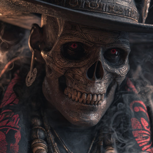 Skull-like figure with dark clothing and red accents, holding a candle.