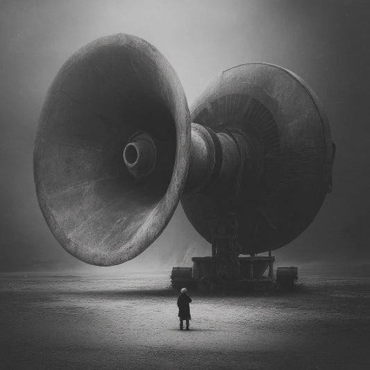 Large vintage-style megaphone with a person standing in front in a foggy landscape